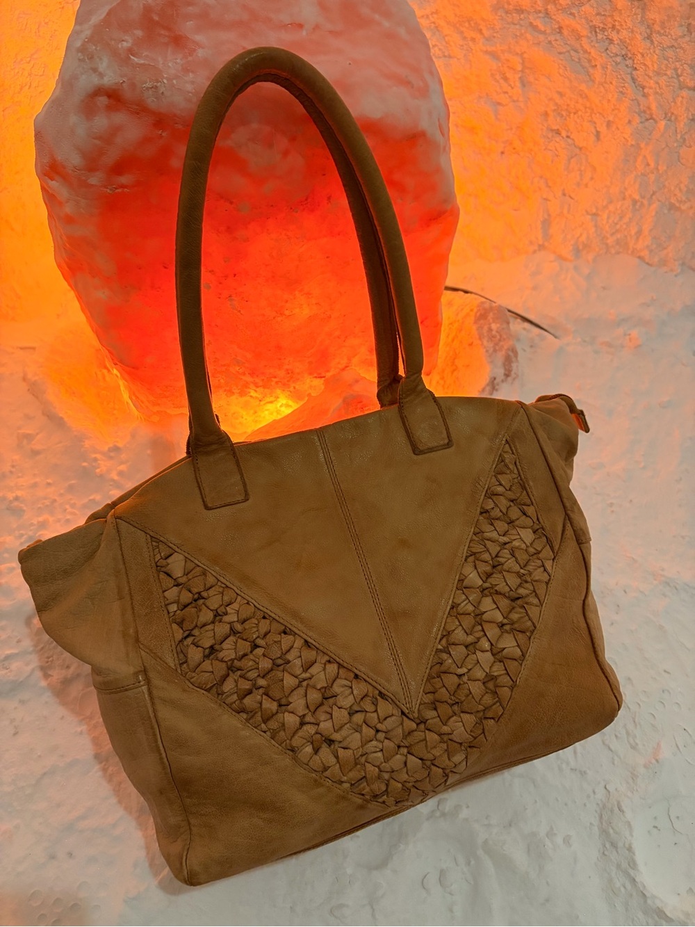 Day & Mood - Women's Woven Detail Leather Tote Bag in Brown